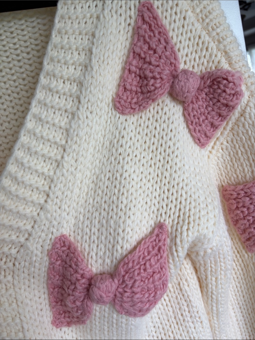 Altar’d State Cream Knit Cardigan with Pink Bow Accents - Picture 4 of 4